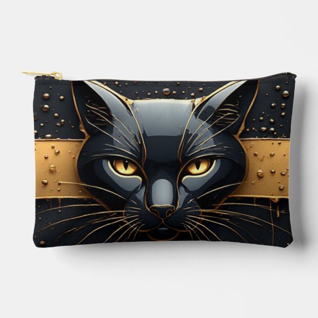 Black Cat Head With Gold Drip Design 🐈 Accessory Pouch (Front)