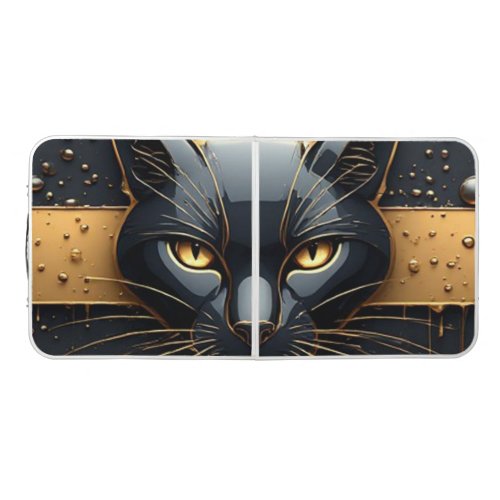 Black Cat Head With Gold Drip Design Beer Pong Table