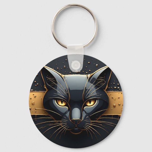 Black Cat Head With Gold Drip Design 🐈 Keychain (Front)