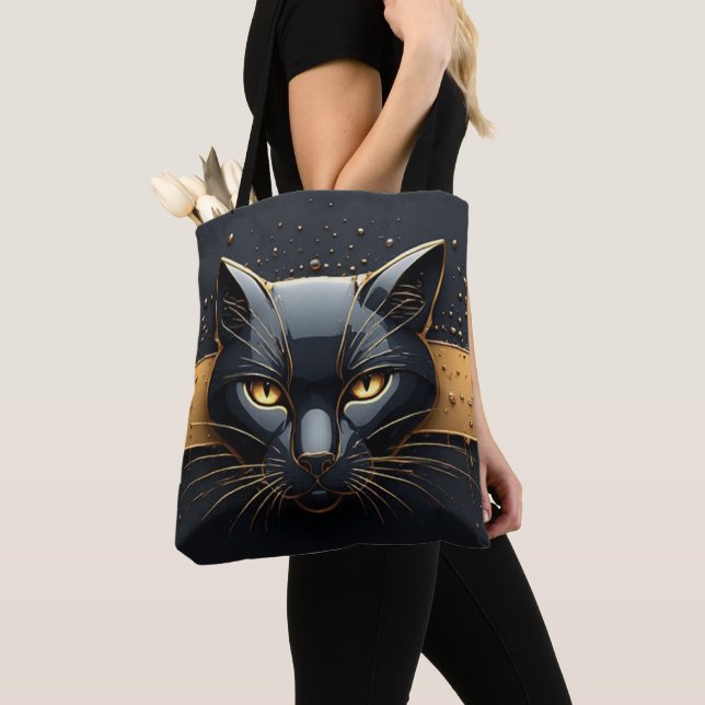 Black Cat Head With Gold Drip Design 🐈 Tote Bag (Close Up)