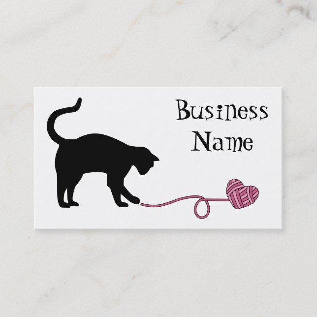 Black Cat & Heart Shaped Yarn (Pink) Business Card (Front)