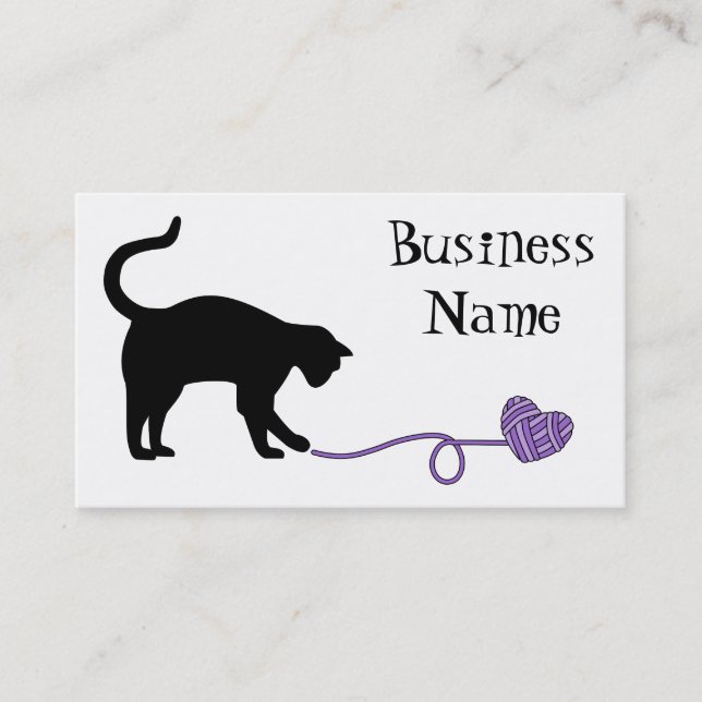 Black Cat & Heart Shaped Yarn (Purple) Business Card (Front)