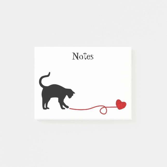 Black Cat & Heart Shaped Yarn (Red) Post-it Notes (Front)