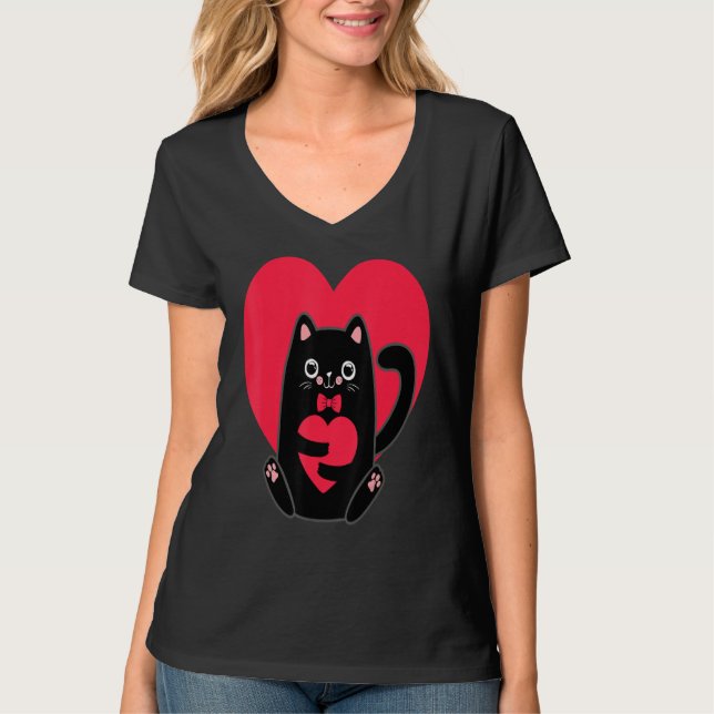 Black Cat Heart Valentines Day Cute Kitten Kitty L T-Shirt (Front)