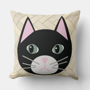 Black Cat Herringbone Beige Throw Pillow