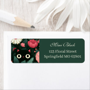 Black Cat Hidden In Pink Flower Green Background Label