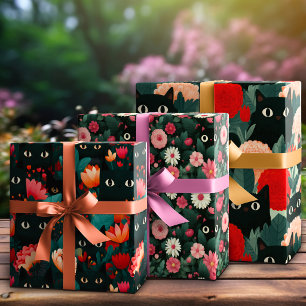 Black Cat Hidden In Romantic Pink Flower Botanical Wrapping Paper Sheets