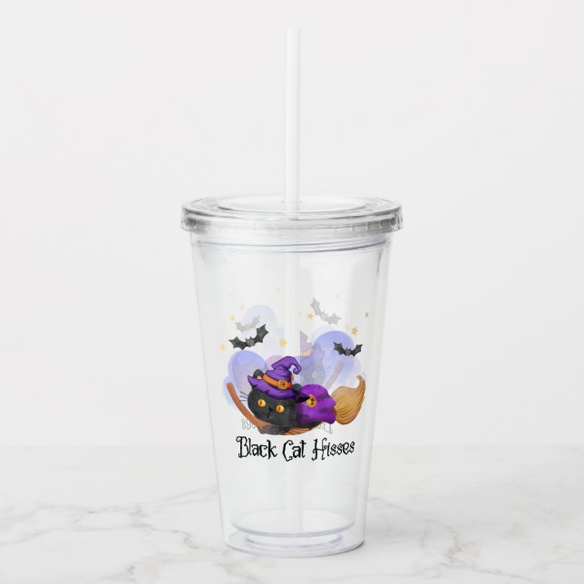 Black Cat Hisses – Halloween Witch Cat Acrylic Tumbler (Front)