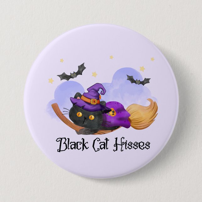 Black Cat Hisses – Halloween Witch Cat Button (Front)
