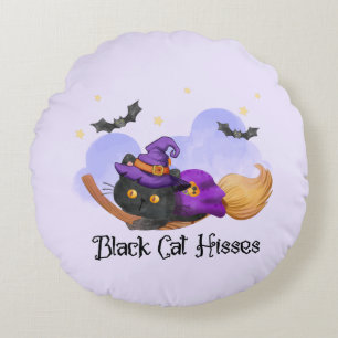 Black Cat Hisses – Halloween Witch Cat Round Pillow