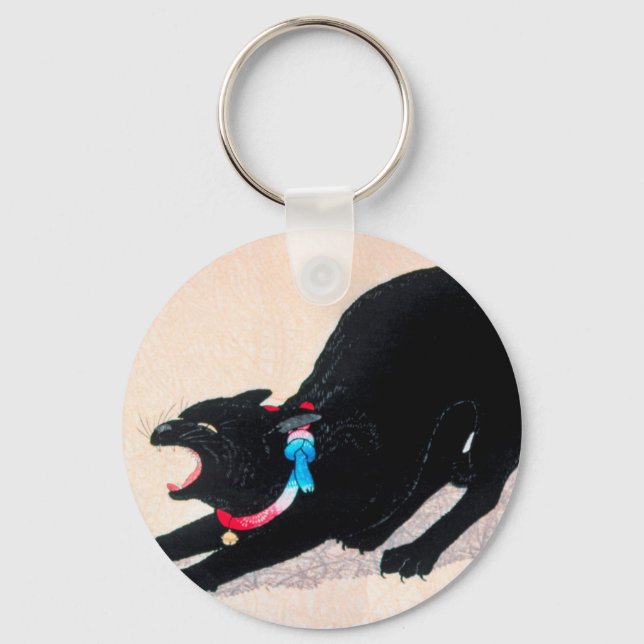Black Cat Hissing Fine Art by Hiroaki Takahashi Keychain (Front)