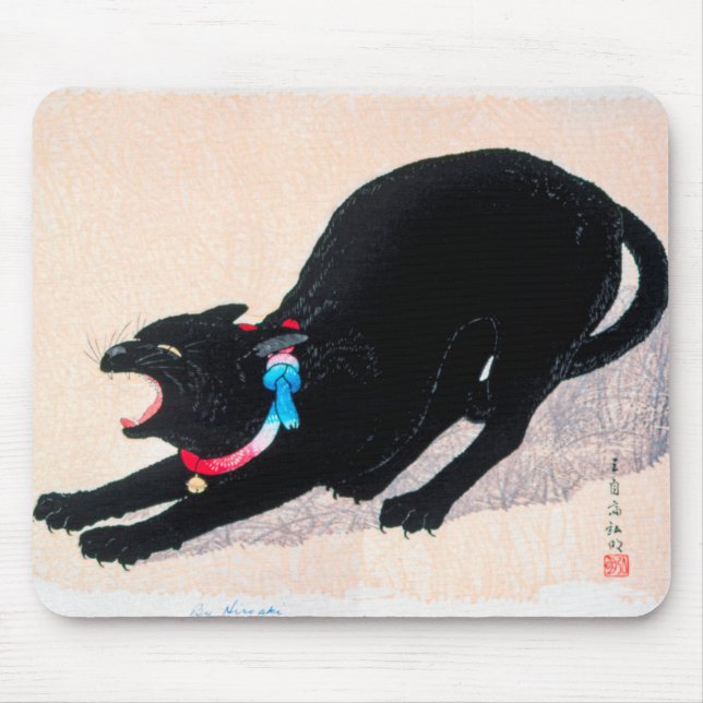 Black Cat Hissing Fine Art by Hiroaki Takahashi Mouse Pad (Front)