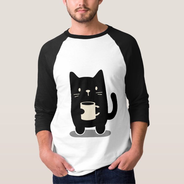 Black cat, holding a cup of coffee T-Shirt (Front)
