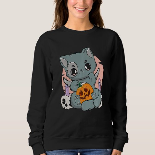 Black Cat Holding A Cute Pumpkin Chibi Neko For Ha Sweatshirt