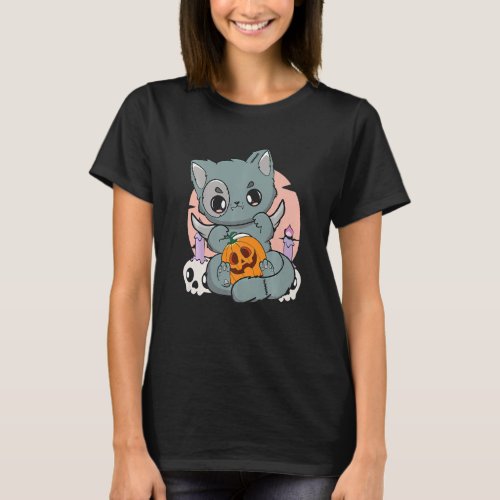 Black Cat Holding A Cute Pumpkin Chibi Neko For Ha T_Shirt