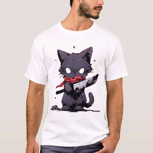 Black Cat Holding a Knife T_Shirt