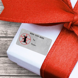 Black Cat Holding Gold Star on Pentagram Circle Label