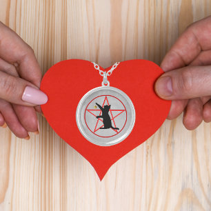 Black Cat Holding Gold Star on Pentagram on Grey Silver Plated Necklace