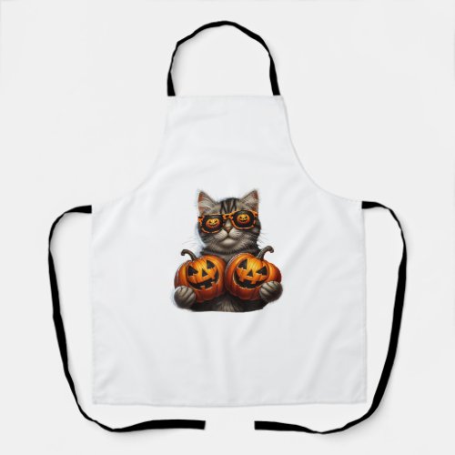 Black Cat Holding Pumpkin Halloween Cat Lovers Wom Apron