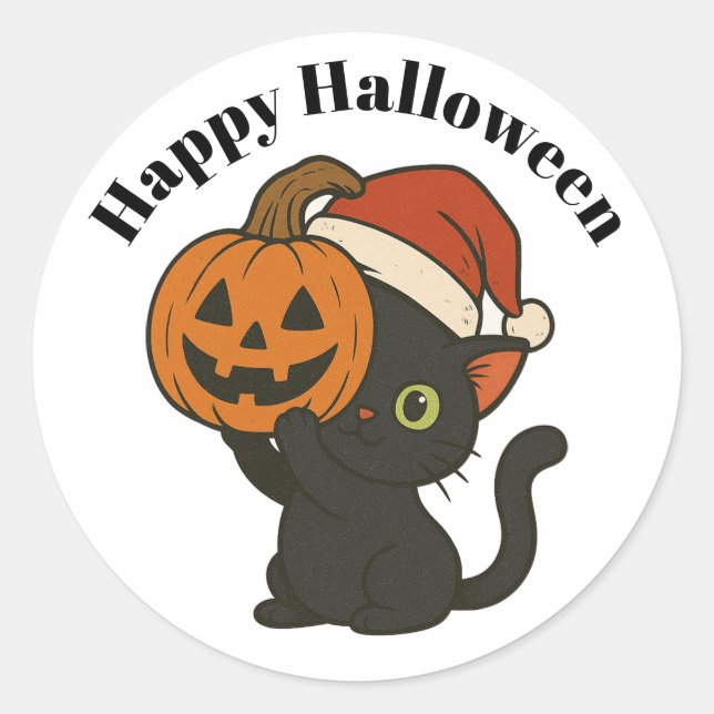 Black Cat Holding Pumpkin Halloween  Classic Round Sticker (Front)