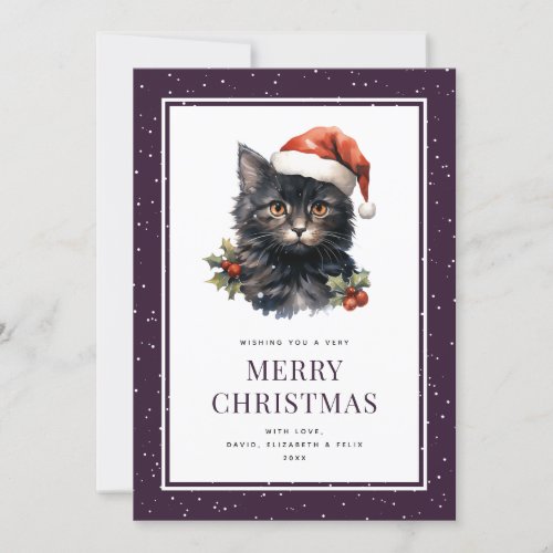 Black Cat Holly Berries Snow Merry Christmas Card