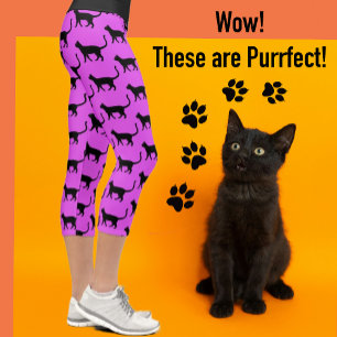 Black Cat Hot Pink Crazy Cat Woman Capri Leggings