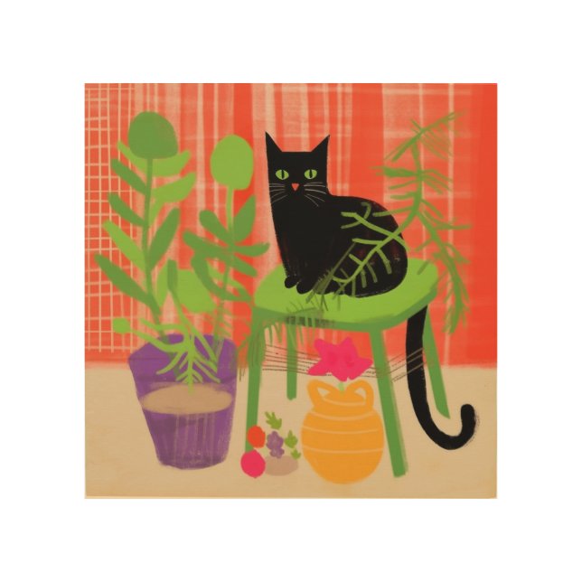 Black Cat Houseplants Wood Wall Art (Front)