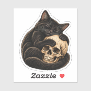 Black Cat Hugging Skull Gothic Sticker