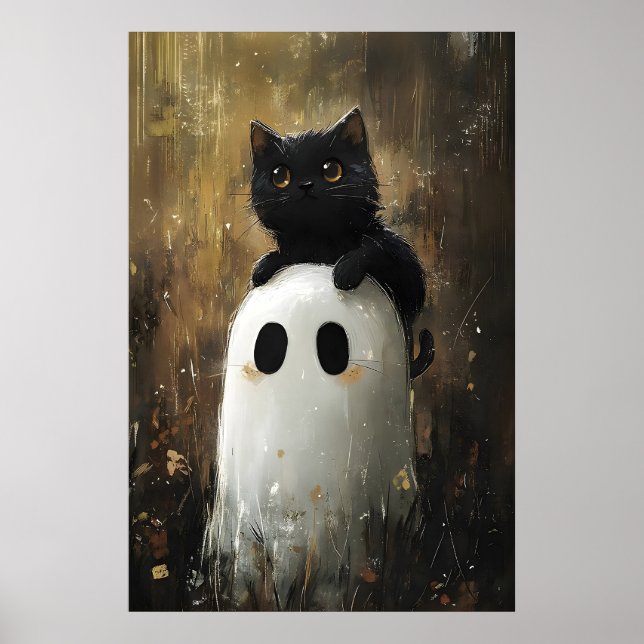 Black Cat Hugs Cute Ghost Print, Digital Halloween Poster (Front)