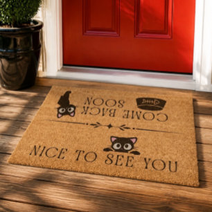 Black Cat Humorous Hello Goodbye Fiber Doormat
