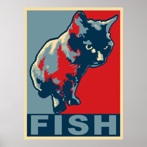 Black Cat Hungry for Fish _ Pop Art Red  Blue Poster