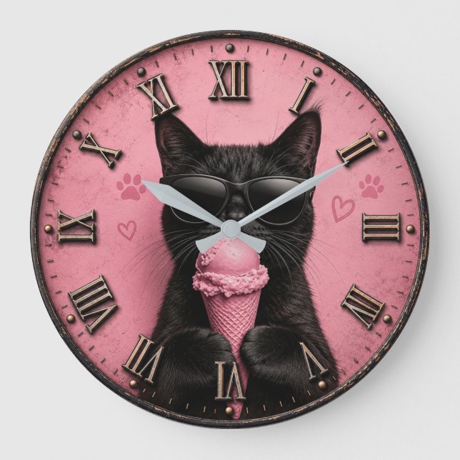 Black Cat Ice Cream  Large Clock (Front)