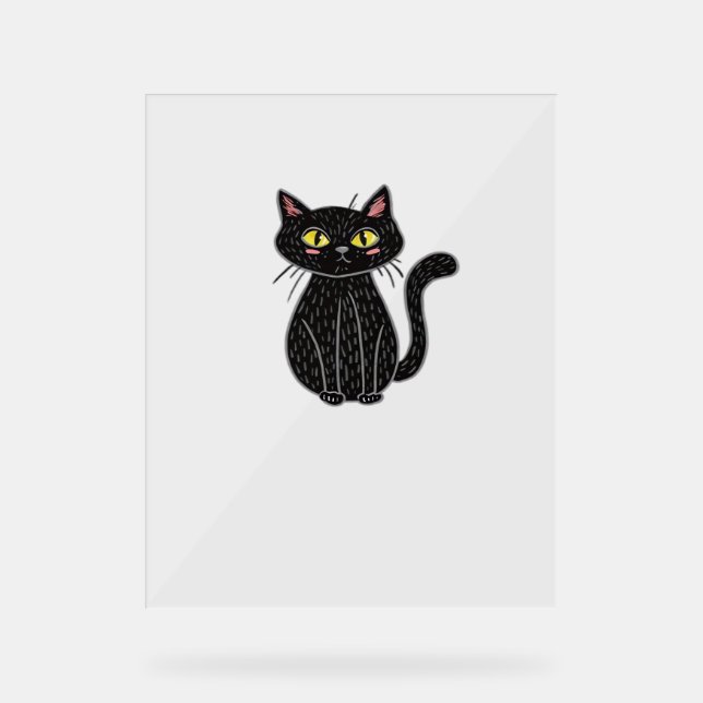 Black Cat Illustration, Doodle Cute Cat Classic T- Acrylic Sign (Front)