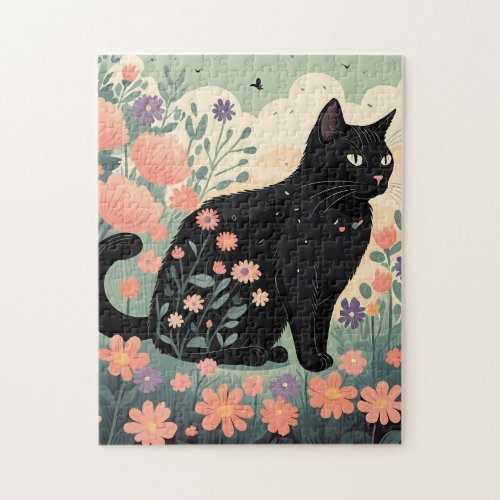 Black cat illustration in a field of flowers jigsaw puzzle