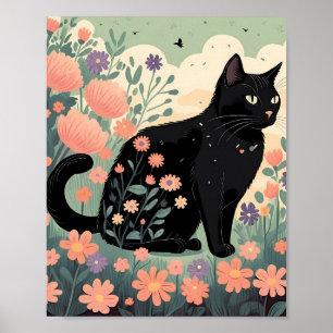 Black cat illustration in a field of flowers poster