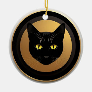 Black Cat Illustration on Golden Circle Ceramic Ornament