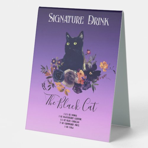 Black Cat Illustration Signature Drink Wedding Table Tent Sign