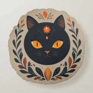 Black Cat Illustration with Vibrant Eyes Round Pillow