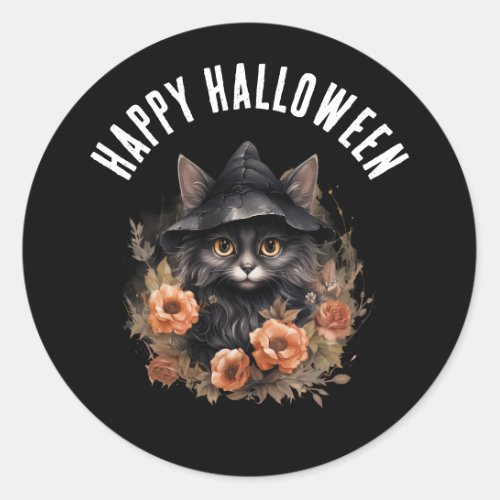 Black Cat in a Black Witchs Hat Halloween Classic Round Sticker