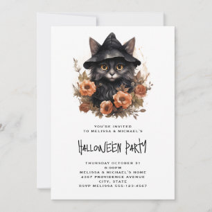 Black Cat in a Black Witch's Hat Halloween Invitation