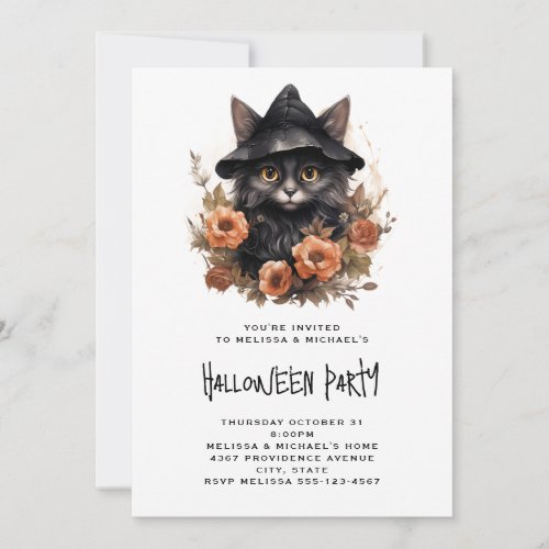 Black Cat in a Black Witchs Hat Halloween Invitation