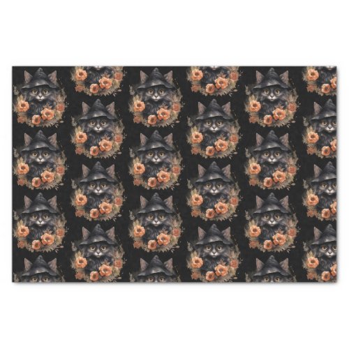 Black Cat in a Black Witchs Hat Halloween Pattern Tissue Paper