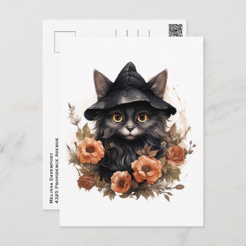 Black Cat in a Black Witchs Hat Halloween Postcard