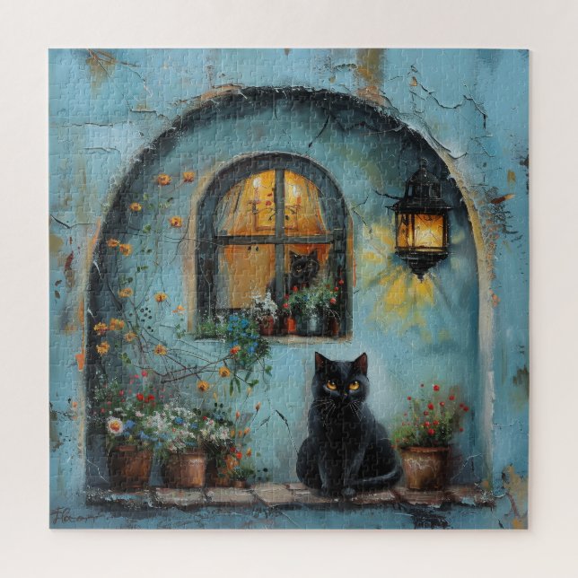 Black Cat in a Blue Alcove Jigsaw Puzzle (Vertical)