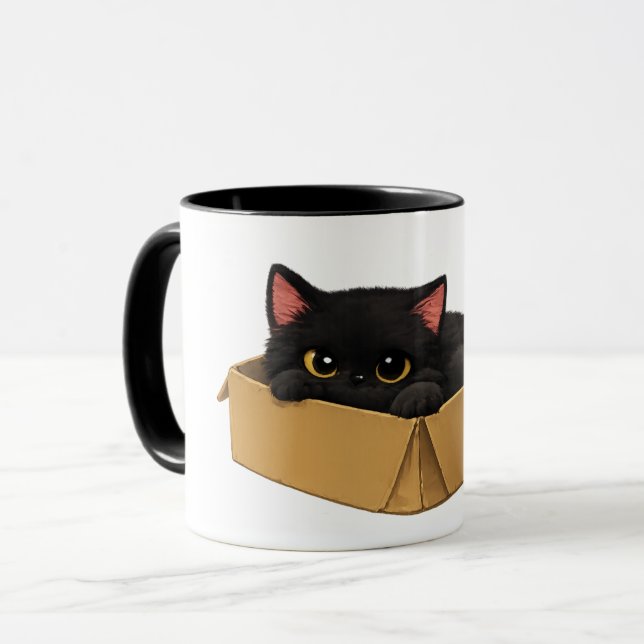 Black Cat in a Box Mug (Front Left)