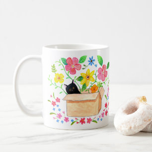 Black Cat in a Box with Flowers Hand-drawn Art Coffee Mug