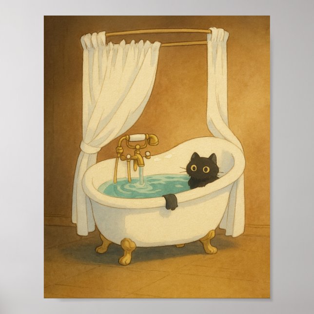 Black Cat in a Clawfoot Bathtub Art Print (Front)