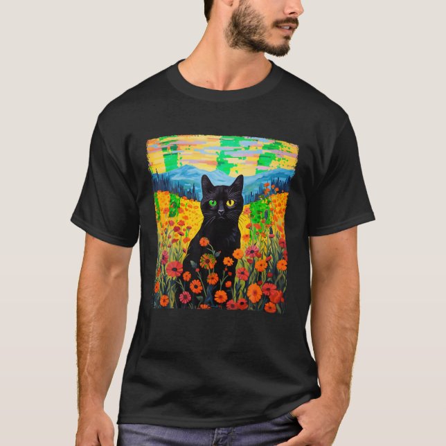 Black Cat In A Flower Fields Van Gogh Cat Starry N T-Shirt (Front)