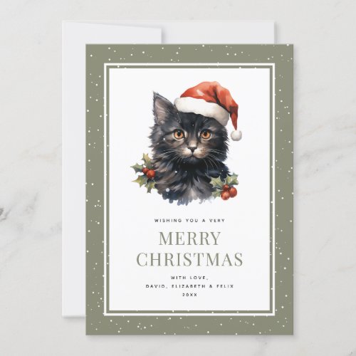 Black Cat In a Hat Holly Snow Merry Christmas Card