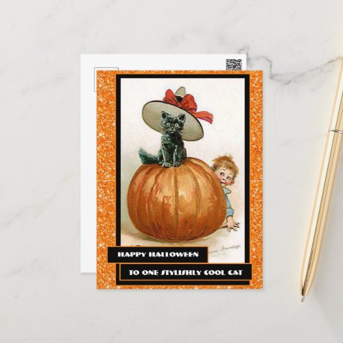 Black Cat in a Hat on a Pumpkin Cute Halloween  Po Postcard